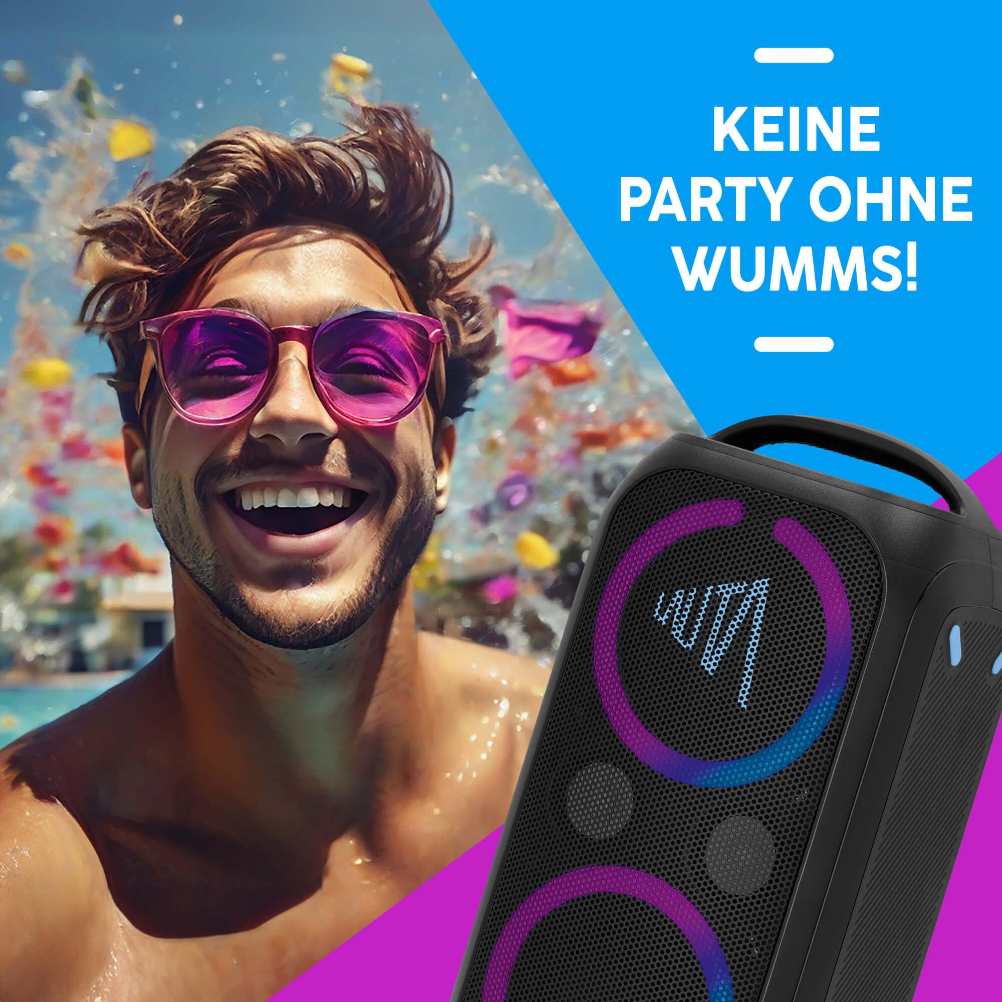 
Lass es endlich wummsen!
Die WUMMSBOX von LAUTA by TechniSat bringt jede Party zum Beben und dein Leben in Schwung. Kabelloser Sound dank Bluetooth, der dich den ganzen Abend begleitet – und das mit ordentlich Bass. 
Hier wummst es!
