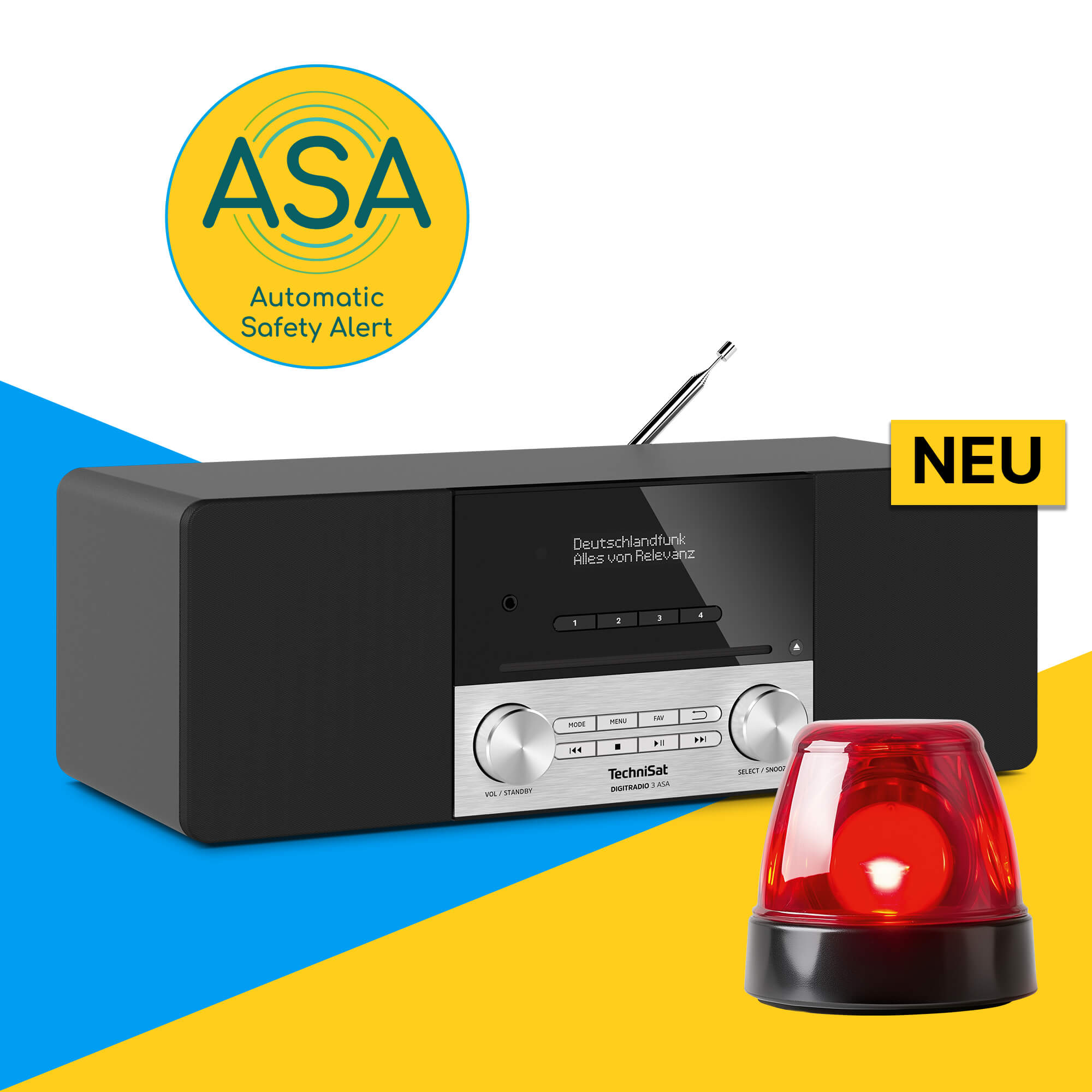 
Katastrophenschutz über DAB+
Mit dem DIGITRADIO 3 ASA bringt TechniSat ein erstes Gerät mit der neuen ASA-Technologie auf den Markt.
Mehr erfahren
